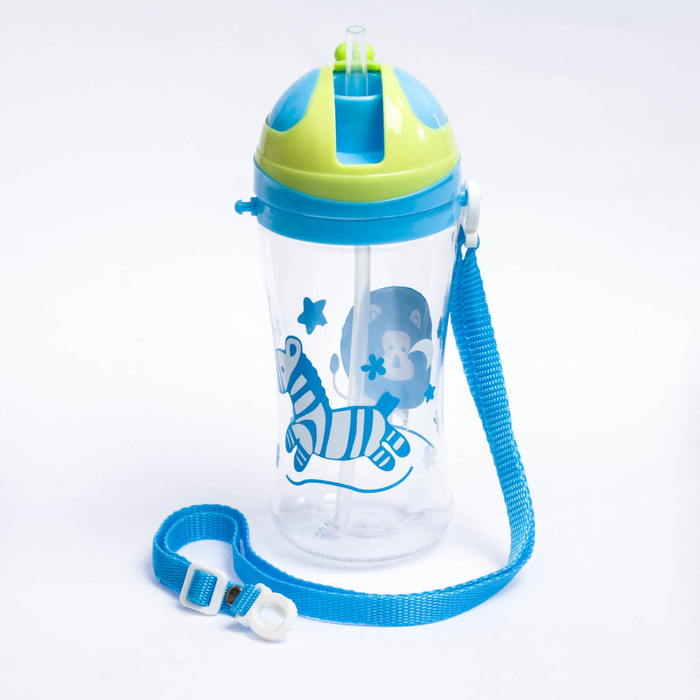 Поильник детский с трубочкой, на ремешке, 450 мл, от 5 мес., цвет голубой
