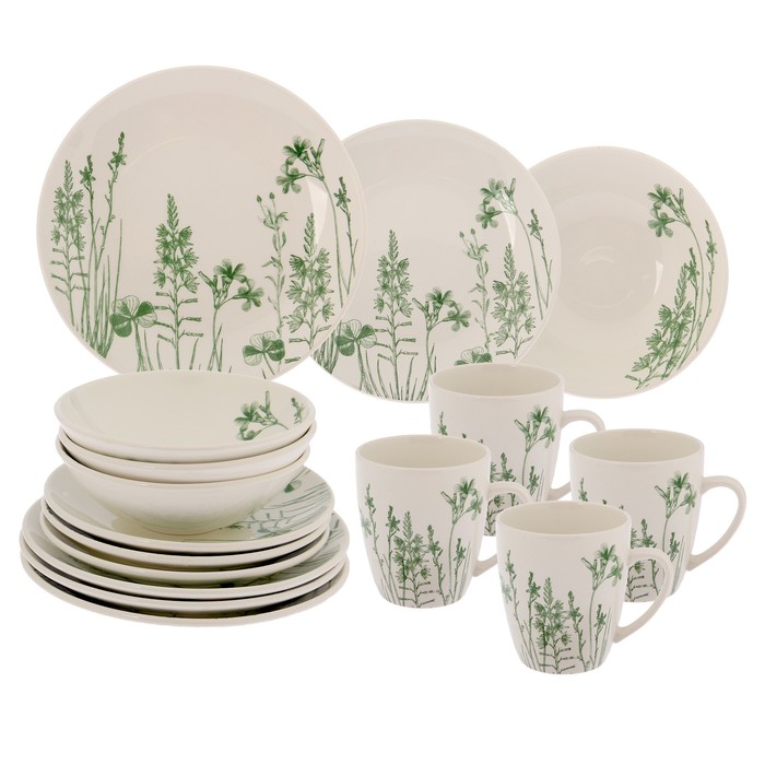 Набор посуды "Соната. Гербарий травы", 16 предметов, цвет зелёный