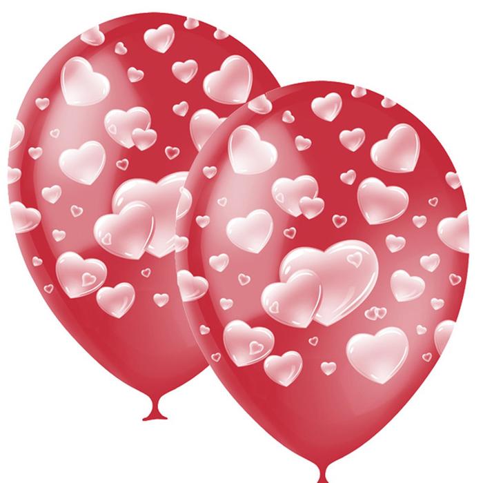 Шар латексный 12" "Сердца" декоратор, 5 ст., набор 25 шт, цвет красный