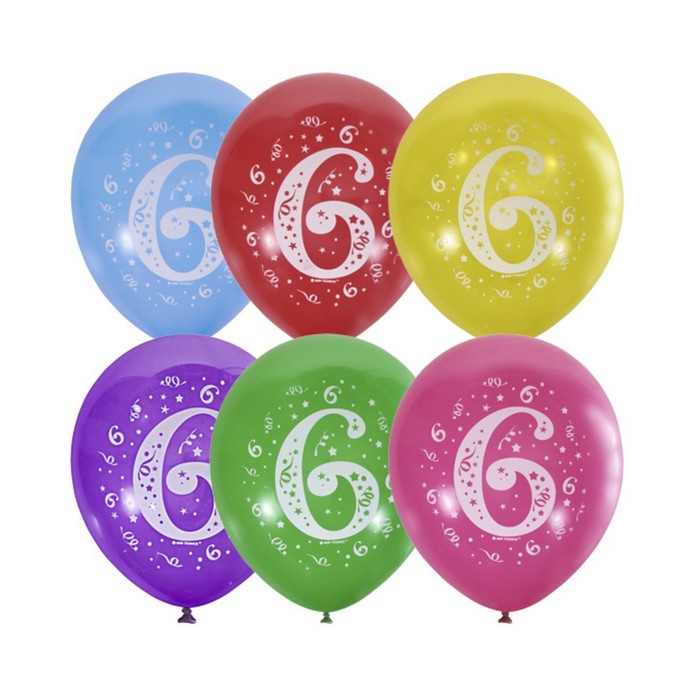 Шар латексный 12" "Цифра 6" пастель, 2 ст., набор 10 шт, МИКС