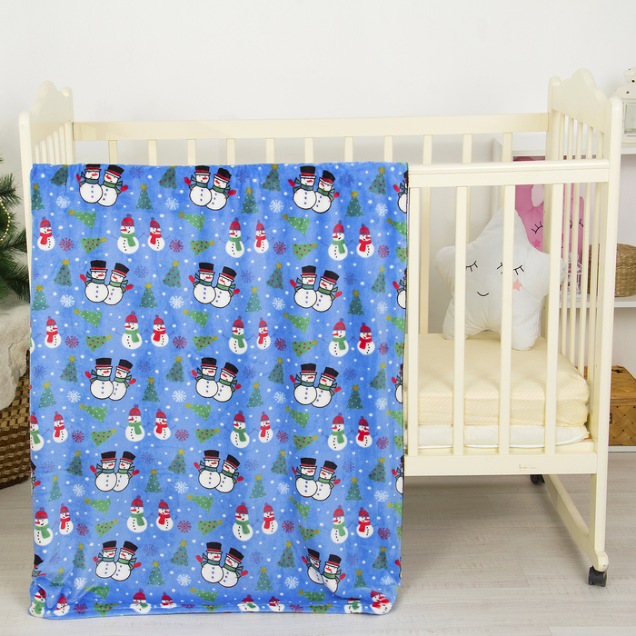 Плед "Снеговики", велсофт, 150х200 см, голубой, 280 гр/м,100% полиэстер