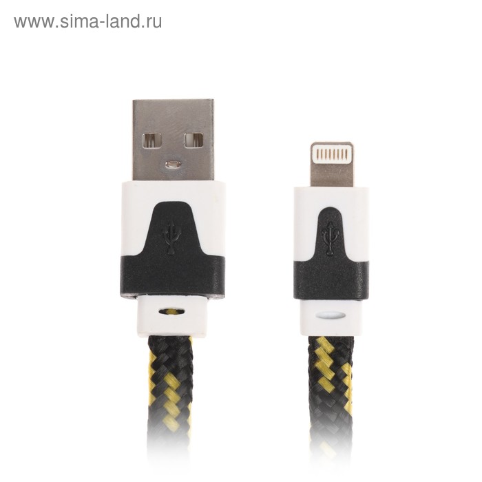 Кабель Ritmix, Lightning - USB, тканевая оплетка, плоский, 1 А, 1 м, чёрно-жёлтый