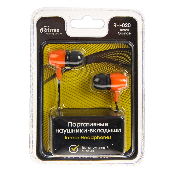 Наушники RITMIX RH-020, 100 дБ+/-3 дБ, Jack 3.5 мм, кабель 1.2 м, черно-оранжевые