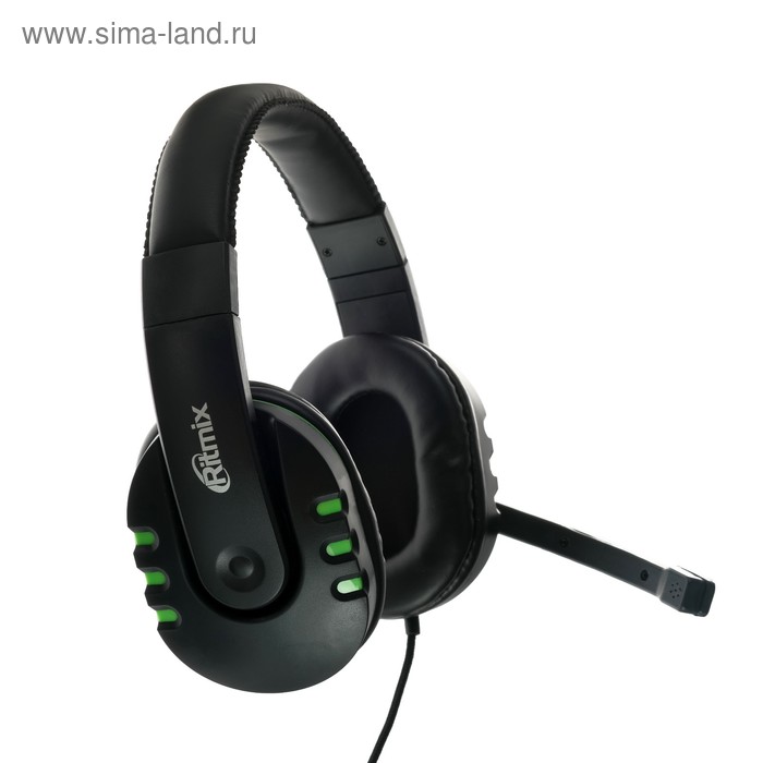 Наушники Ritmix RH-555M Gaming, игровые, полноразмерные, микрофон, 3.5мм, 1.8м, черно/зелен наушники ritmix rh 555m проводные синие конденсаторный микрофон
