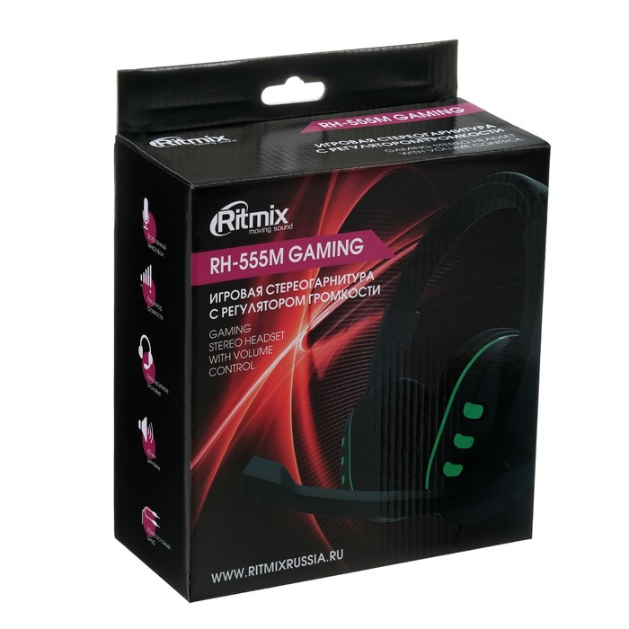 Наушники Ritmix RH-555M Gaming, игровые, полноразмерные, микрофон, 3.5 мм, 1.8 м, черные