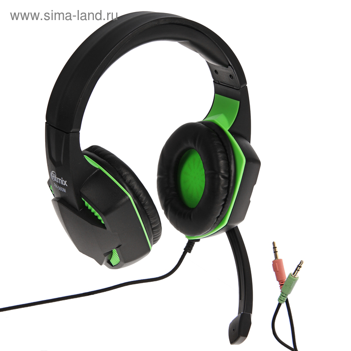 цена Наушники Ritmix RH-560M Gaming, игровые, полноразмерные,микрофон,3.5мм, 1.8 м, черно-зеленые
