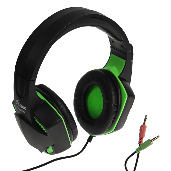 Наушники Ritmix RH-560M Gaming, игровые, полноразмерные,микрофон,3.5мм, 1.8 м, черно-зеленые
