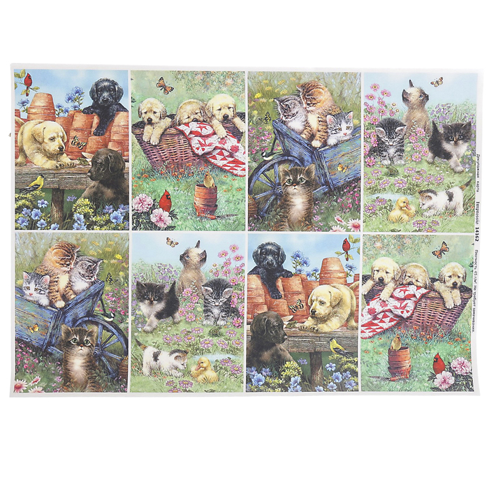 Декупажная карта "Пейзаж с котятами и щенками" плотность  45г/м2  формат А4