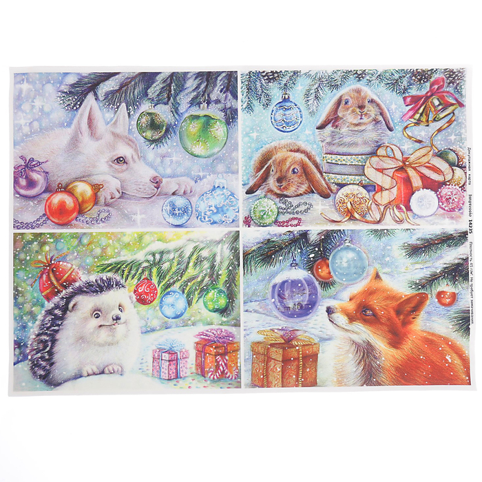 Декупажная карта "Новогодние зверята" плотность  45г/м2  формат А4 (14235)