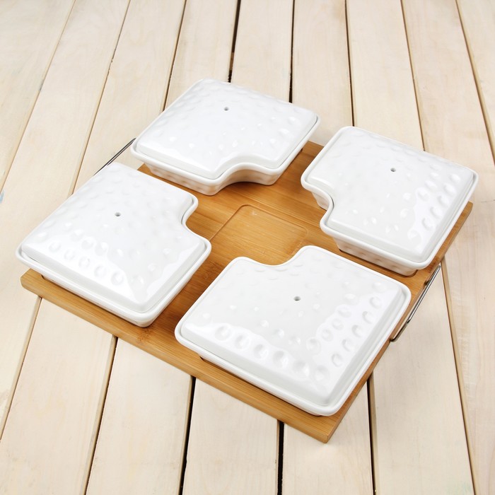 Набор мисок для снэков "Эстет.Пазл", 5 предметов 300/200 мл, на деревянной подставке УЦЕНКА