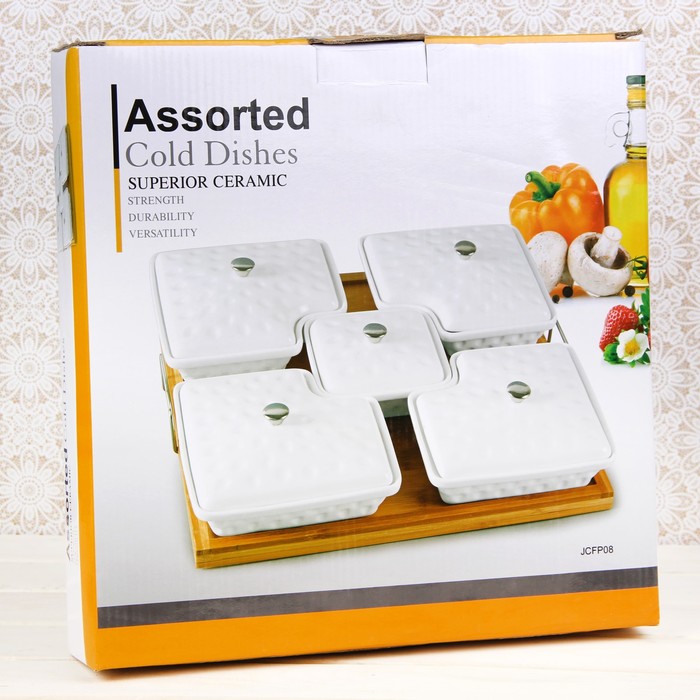 Набор мисок для снэков "Эстет.Пазл", 5 предметов 300/200 мл, на деревянной подставке УЦЕНКА