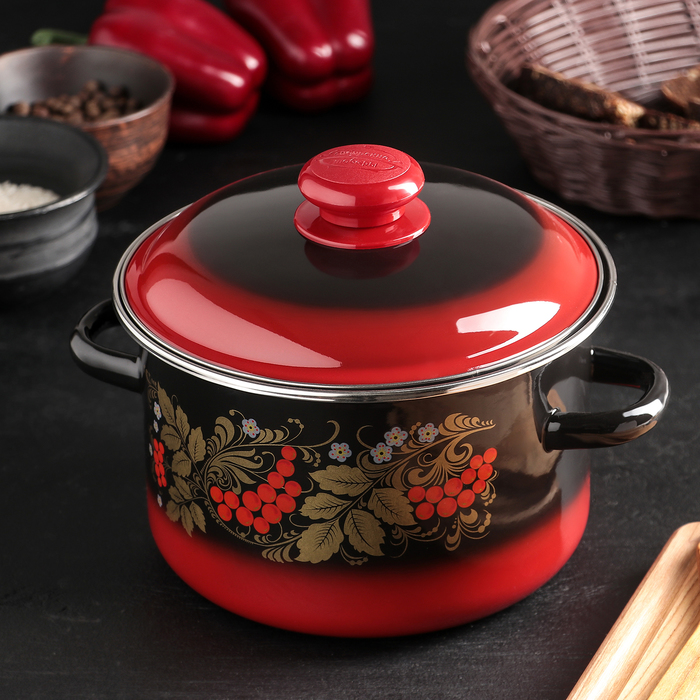 Кастрюля цилиндрическая 3 л "Рябинушка", цвет красно-черный