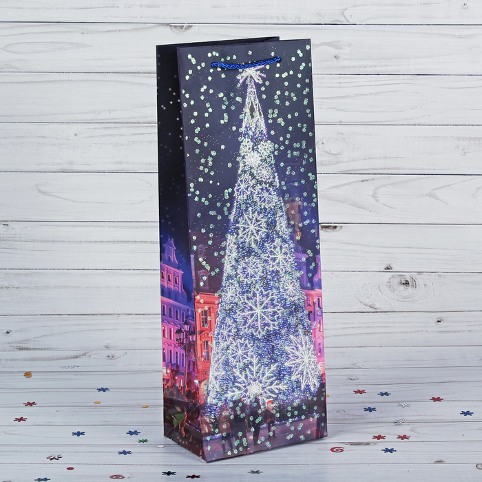 Пакет подарочный под бутылку "Новогодняя елка", 12,5 х 8 х 36 см