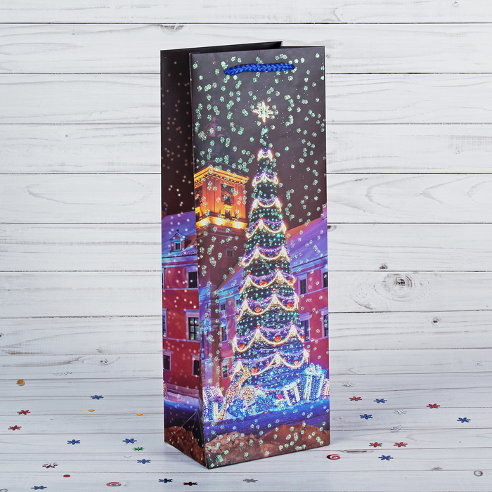 Пакет подарочный под бутылку "Новогодний", 12,5 х 8 х 36 см