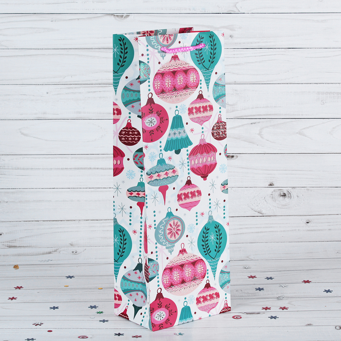 Пакет подарочный под бутылку "Елочные игрушки", 12,5 х 8 х 36 см
