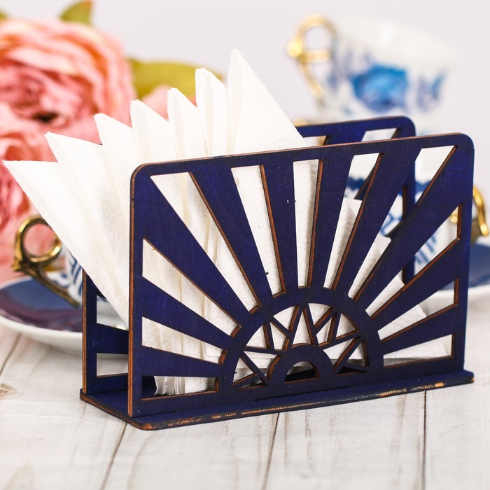 Салфетница деревянная "Солнце" синий цвет