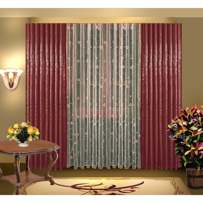 Шторы, размер 150х250 см-2 шт., тюль 250х350 см-1 шт,, цвет бордо 7073