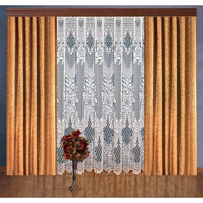 Шторы, размер 220х250 см-2 шт., тюль 250х300 см-1 шт., бежевый 7076/1