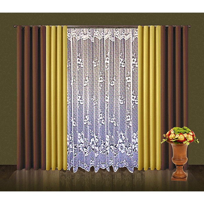 Шторы, размер 160х250 см-2 шт., тюль 250х300 см-1 шт., цвет золото/венге 7090