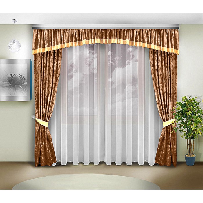 Шторы, 140х250 см-2 шт., 250х300 см-1 шт., ламбрекен 40х600 см, шоколад 7094