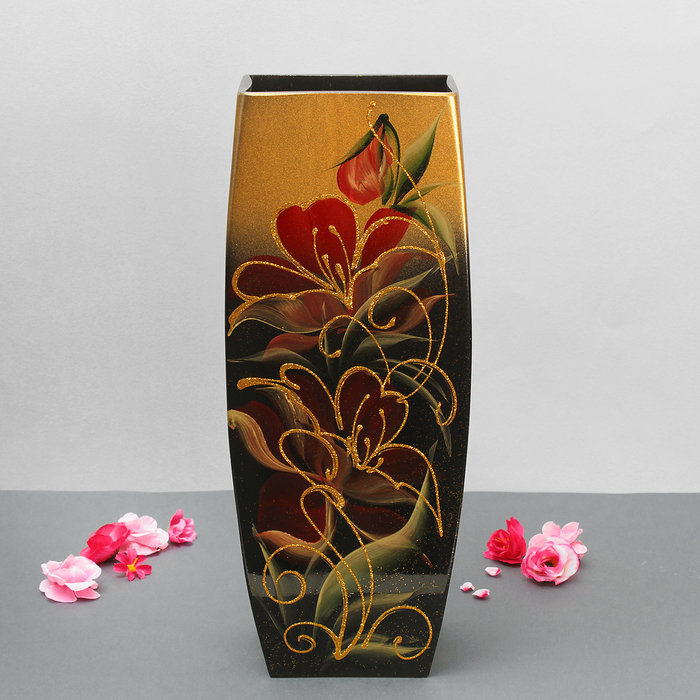 Ваза "Маки" плоская бочка, чёрно-золотая