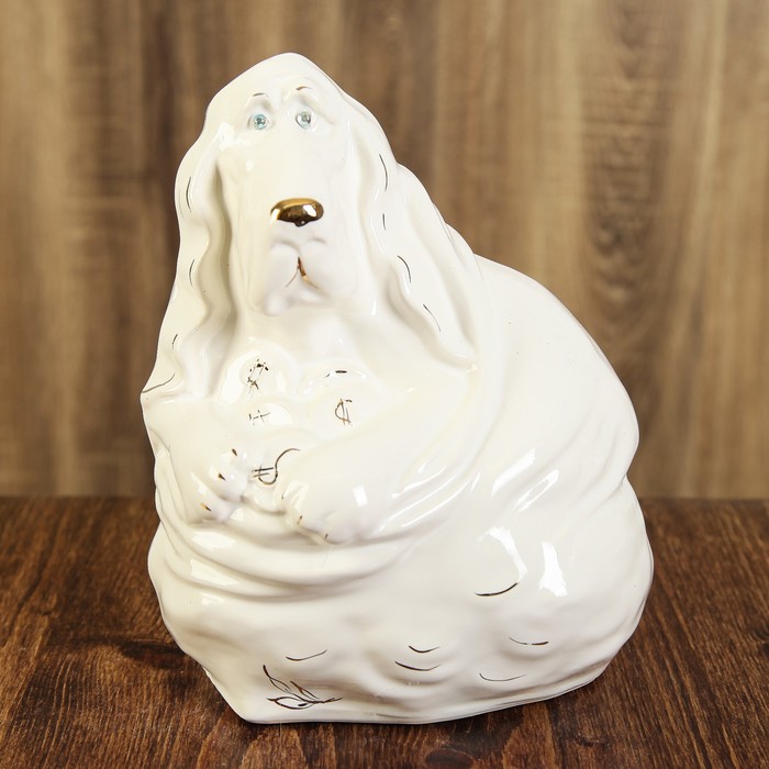 Копилка "Собака Бассет Хаунд на монетах"  глянец белый