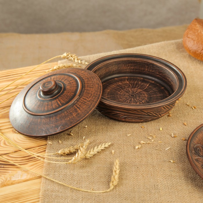 Сковородка 0,6 л, резная, ветка, красная глина