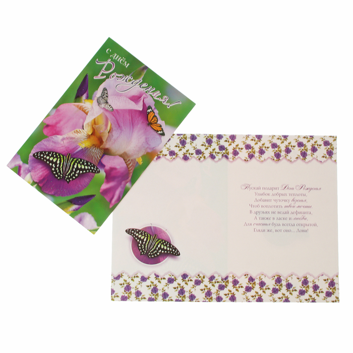 Открытка "С Днем Рождения!" ирис, бабочки, А4
