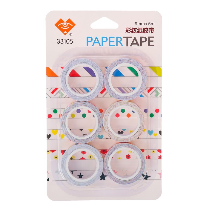 Клейкая лента декоративная бумажная "Рисунки" (набор 6 шт) 0,9 см  5 метров