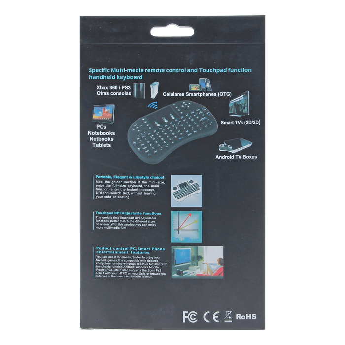 Беспроводная мини-клавиатура для ТВ и ПК, только англ раскладка, аккумулятор, USB, черная