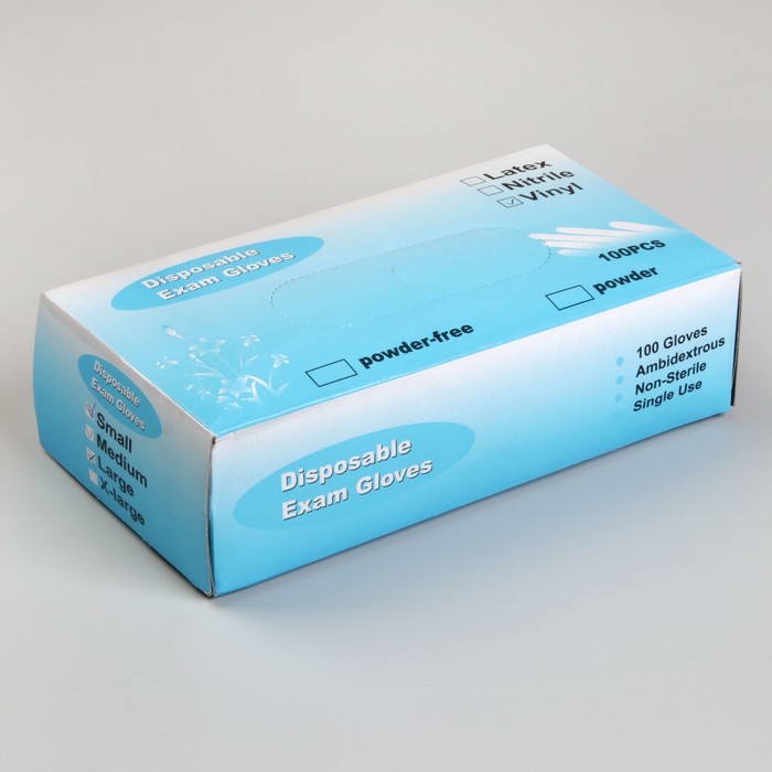 Перчатки виниловые, одноразовые, размер М, пара, цвет прозрачно-голубой