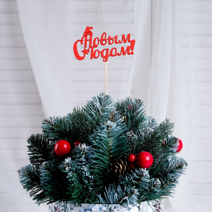 Топпер "С Новым Годом, с колпаком", 10х6см, красный