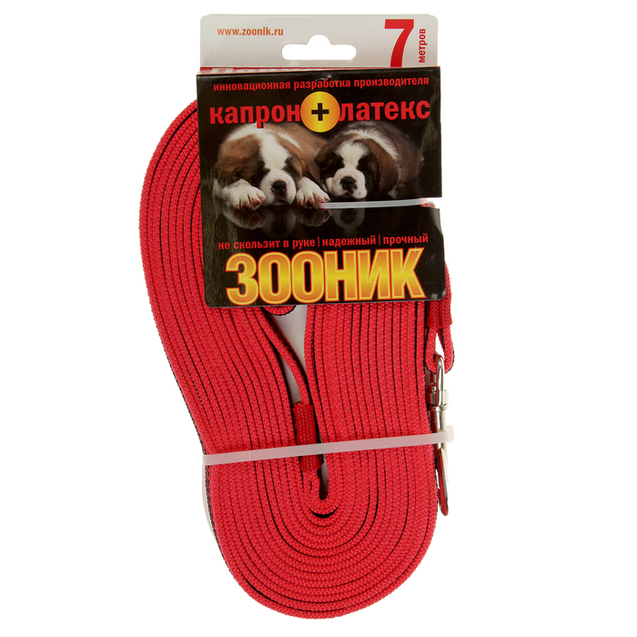 Поводок Зооник капроновый с латексной нитью, 7 м х 1,5 см, красный
