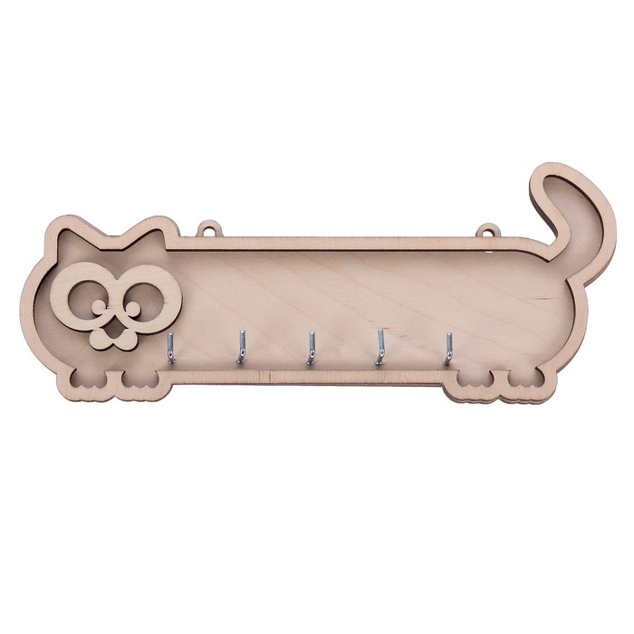 Ключница из фанеры (3 детали) "Длинный кот" 5 крючков, 26х10 см