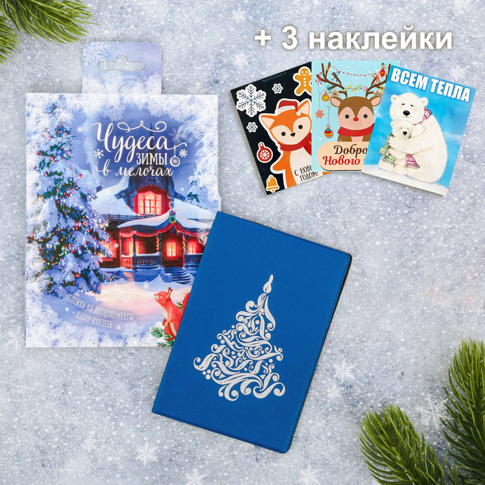 Обложка для автодокументов + набор наклеек (3 шт.) "Чудеса зимы в мелочах!"