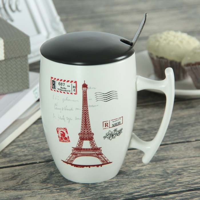Кружка 400 мл "Письмо из Парижа", с керамической крышкой и ложкой, цвета МИКС