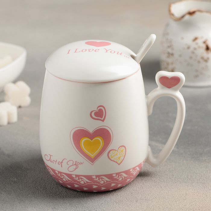 Кружка 400 мл "Для тебя", с керамической крышкой и ложкой, цвета МИКС