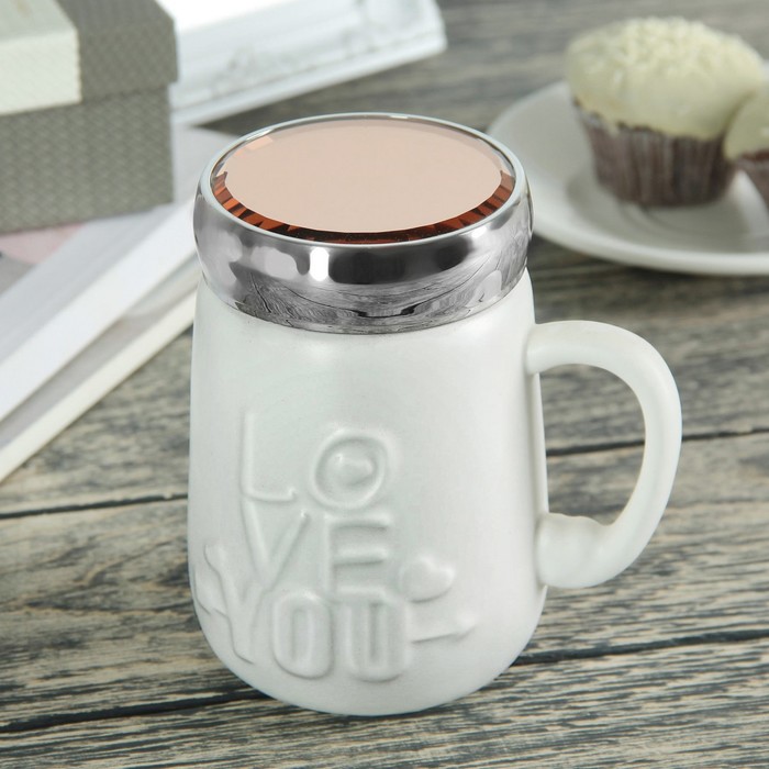Кружка 500 мл "Люблю тебя", с крышкой-зеркалом, цвета МИКС