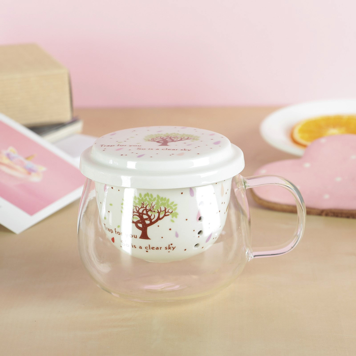 Кружка 300 мл "Листочки", с керамическим ситом и крышкой