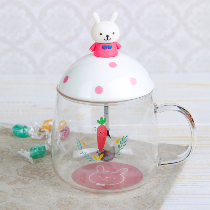 Кружка 360 мл "Жители зоопарка", с керамической крышкой и ложкой, цвет МИКС