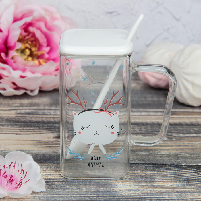 Кружка 400 мл "Привет", с керамической крышкой и ложкой, рисунок МИКС