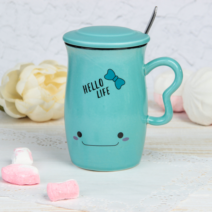 Кружка 420 мл "Настроение", с керамической крышкой и ложкой, цвет МИКС