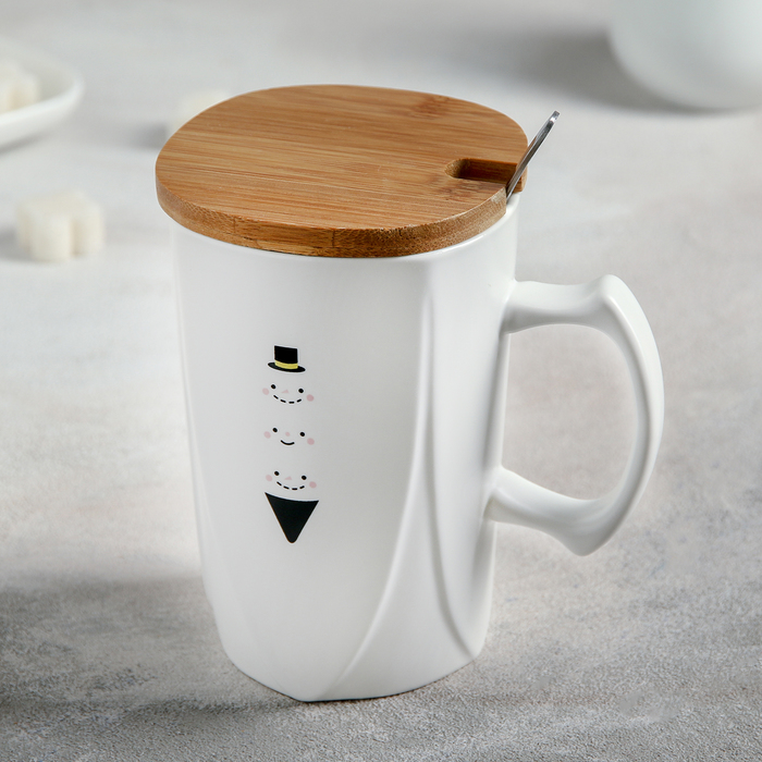 Кружка 420 мл "Мысли", с деревянной крышкой и ложкой, рисунок МИКС