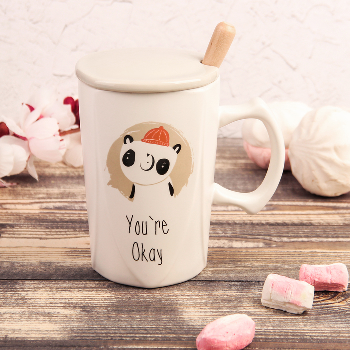Кружка "Пандочка", с керамической крышкой и ложкой, рисунок МИКС