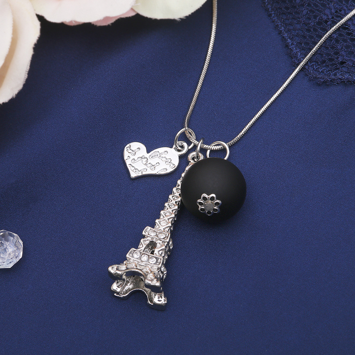 Кулон "Париж" с бусиной, цвет чёрный в серебре, 80см