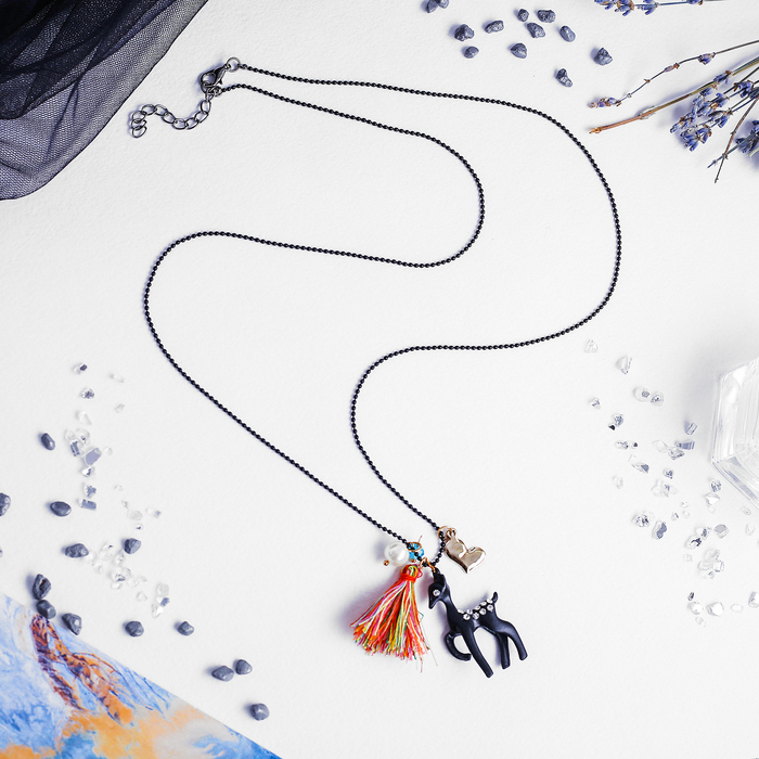 Кулон "Оленёнок", цветной в чёрном металле, 80см