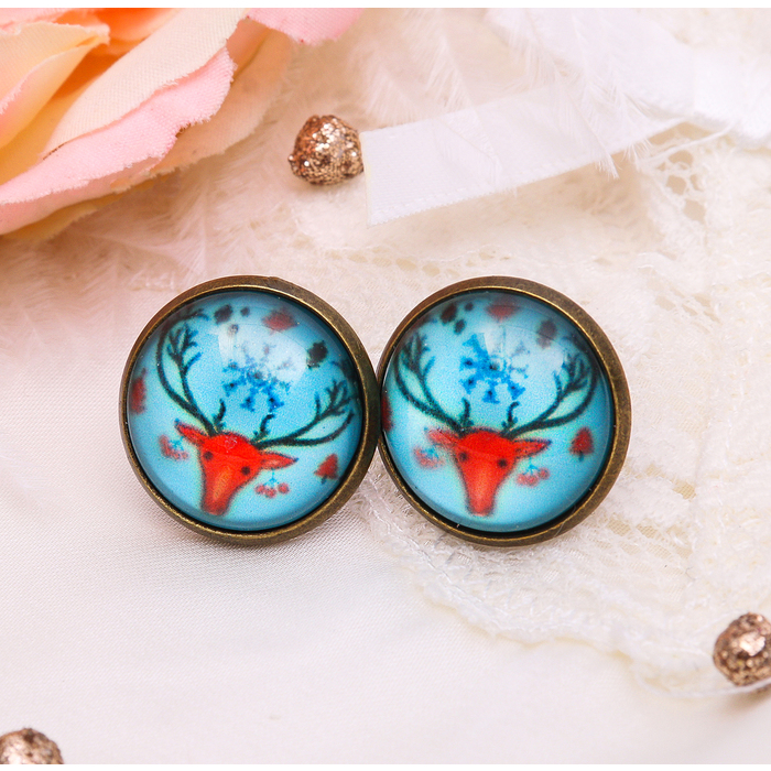 Серьги из стекла Candy олень, цвет коричнево-голубой в чернёном золоте