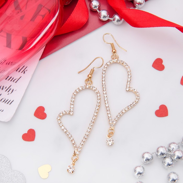 Серьги висячие со стразами Princess сердце с каплей, цвет белый в золоте