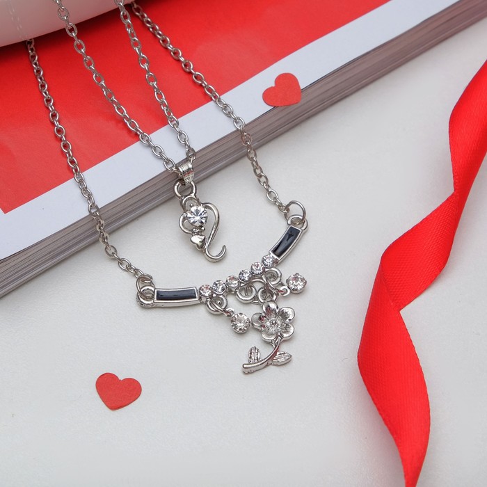 Кулон "Двойной" изабэль, цветок, цвет чёрно-белый в серебре