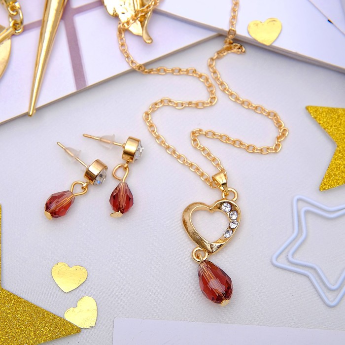 Гарнитур 2 предмета: серьги, кулон "Капля" с сердцем, цвет фиолетовый в золоте, 40см